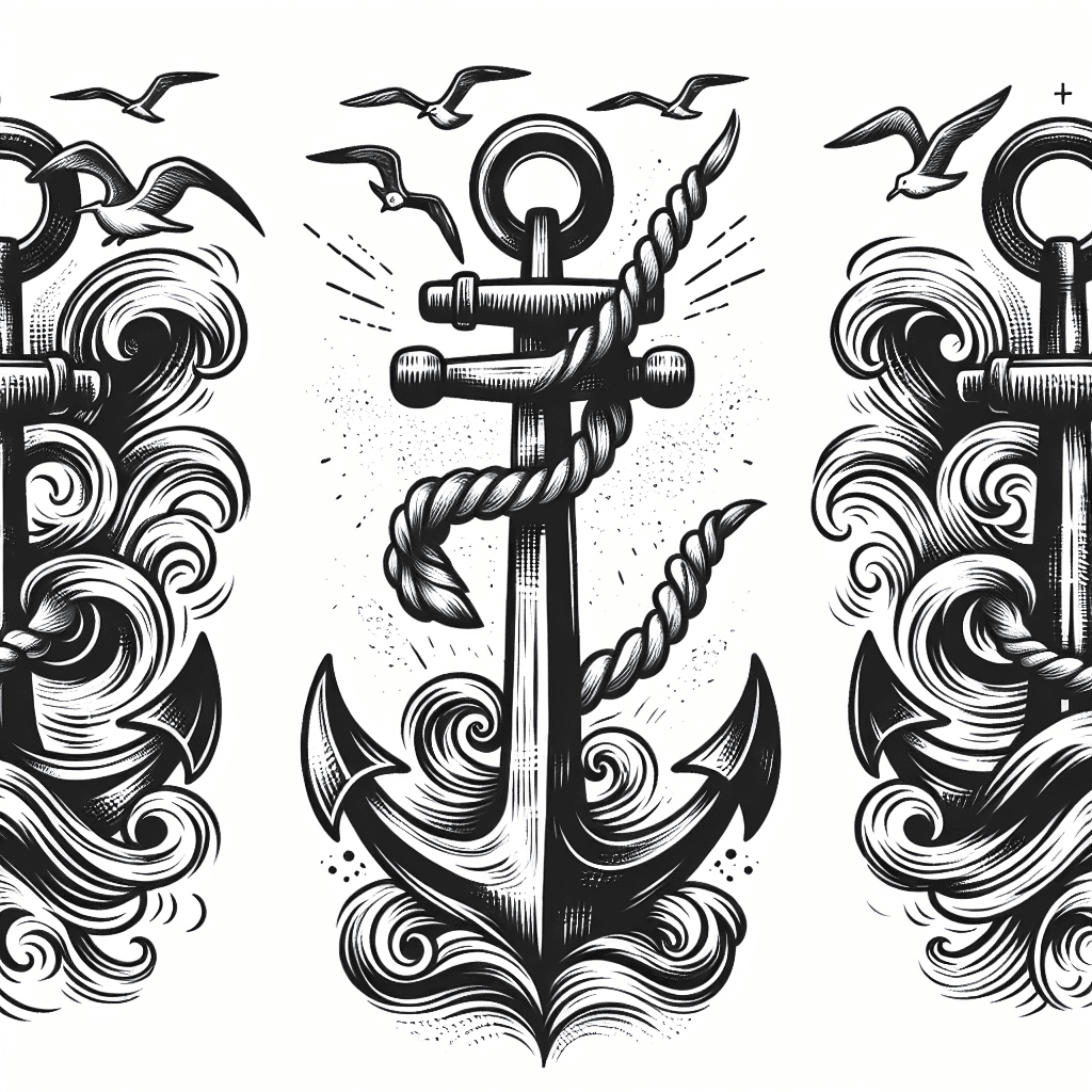 Anchor With Waves And Seagulls