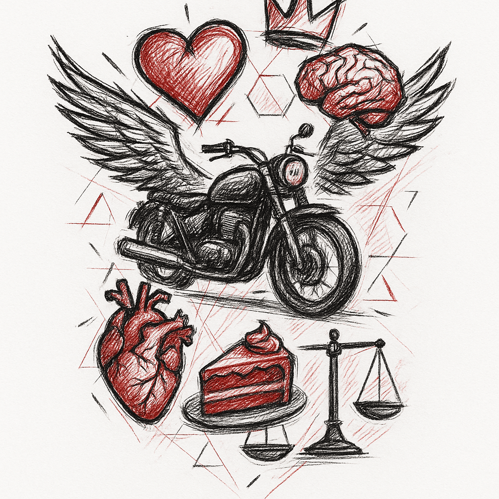 Motorbike With Wings, Heart, Brain, Crown, Cake, Scales. Lines, Triangles, Hexagons. Black And Red Colours