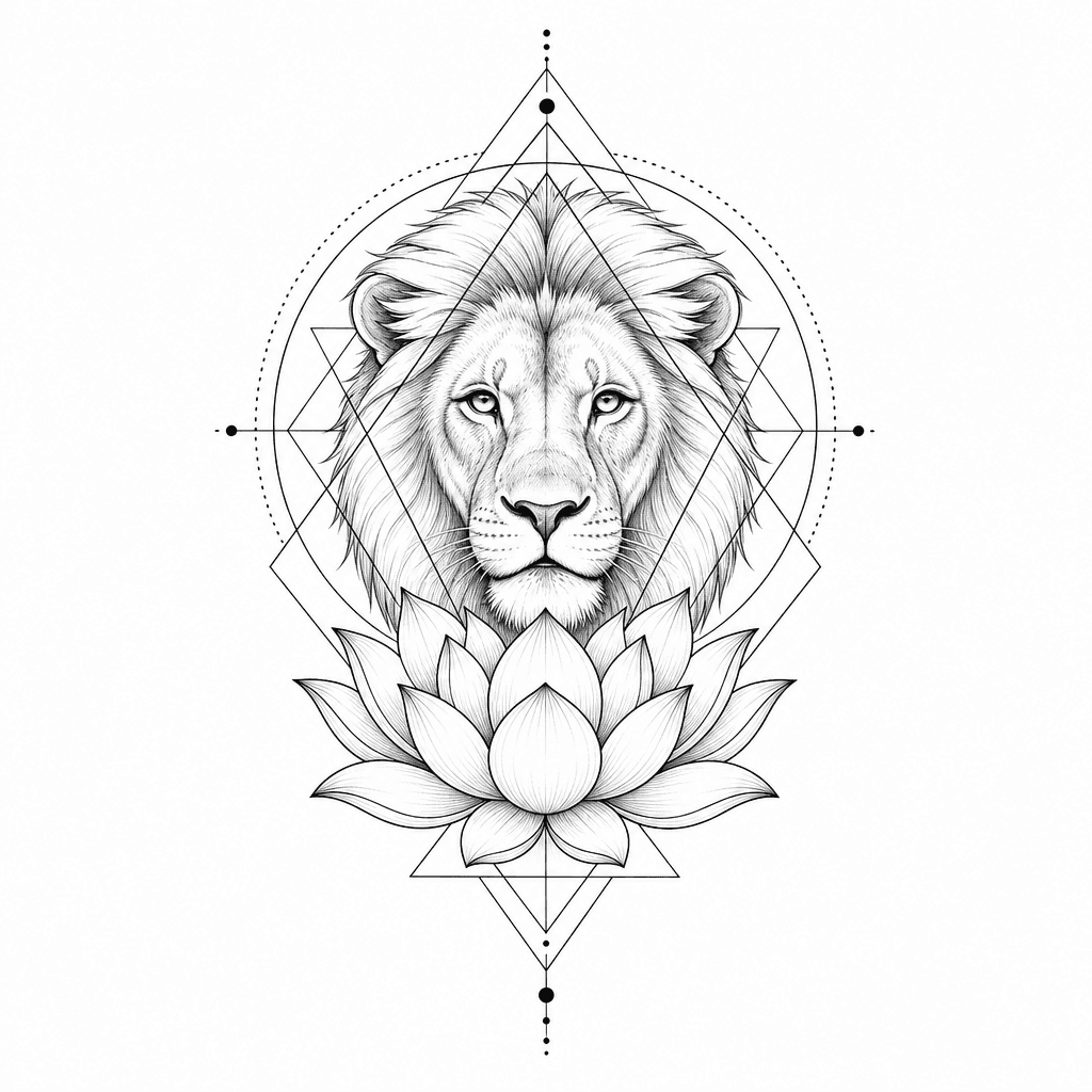 Lotus With Lion In Geometrical Pattern