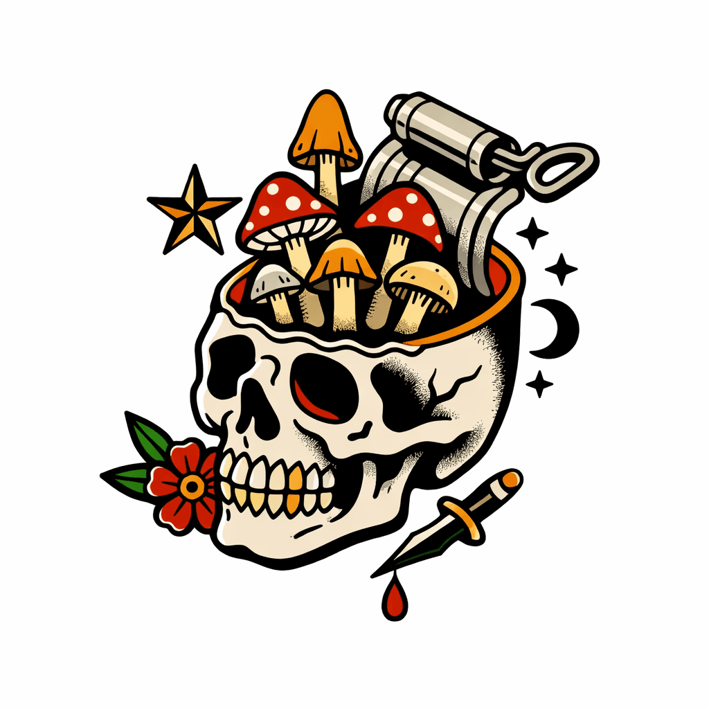 A Skull Opened Like A Sardine Can With Mushrooms Growing Out Of It