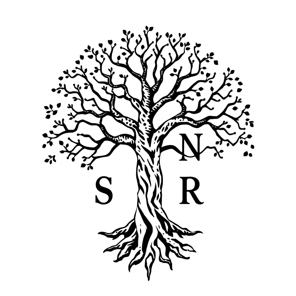 Tree Of Life With Intertwining Branches And Roots Forming A Perfect Circle, Where The Letters S, S, N, And R Are Subtly Incorporated Into The Bark Patterns And Knots Of The Trunk, Making Them Appear N