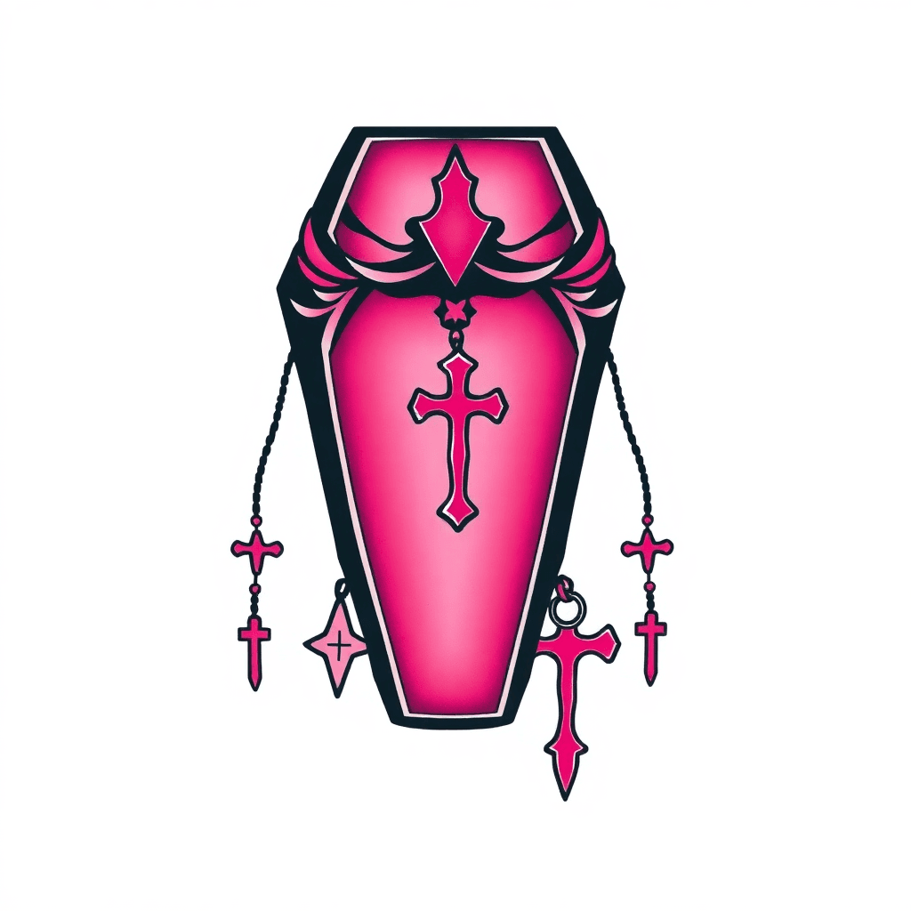 Logo Design Of A Stencil For A Hand Tattoo Of A Glamorous Horror Glam Illustrated Vampire Coffin Thats Pastel Goth Glam Horror With Dangling Vampire Pendants Such As A, Crucifix, Sticker Style
