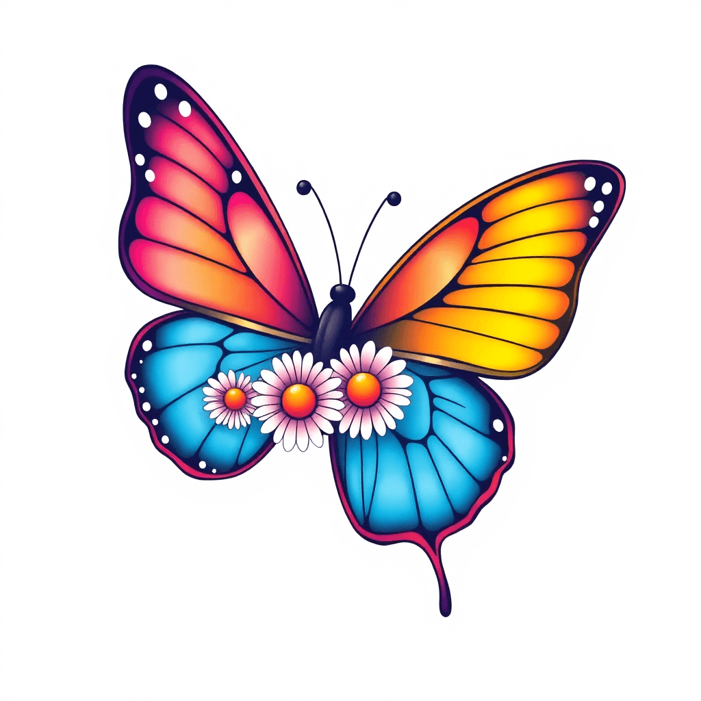 A Butterfly That Has One Regular Wing And One Wing Made Of Daisy Flowers