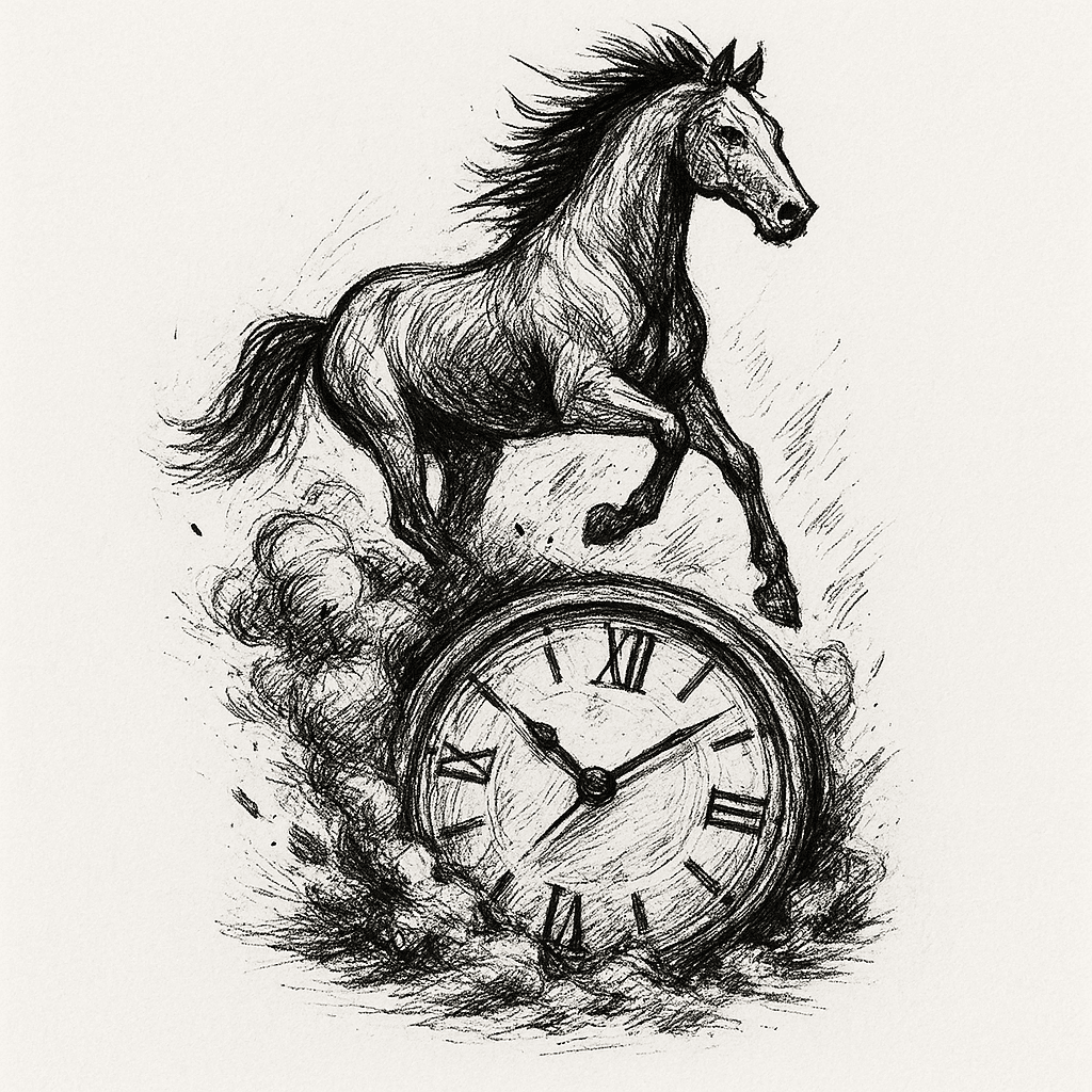 Clock Emerging From Dust Kicked Up By Galloping Horse