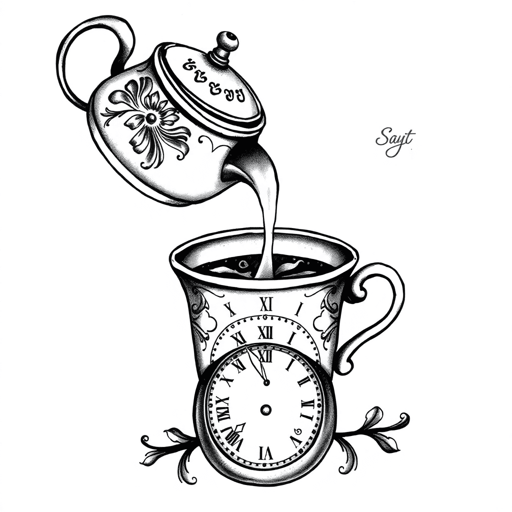 Decorative Tea Pot Pouring Into A Tea Cup. And A Stop Watch Below The Cup With Roman Numerals