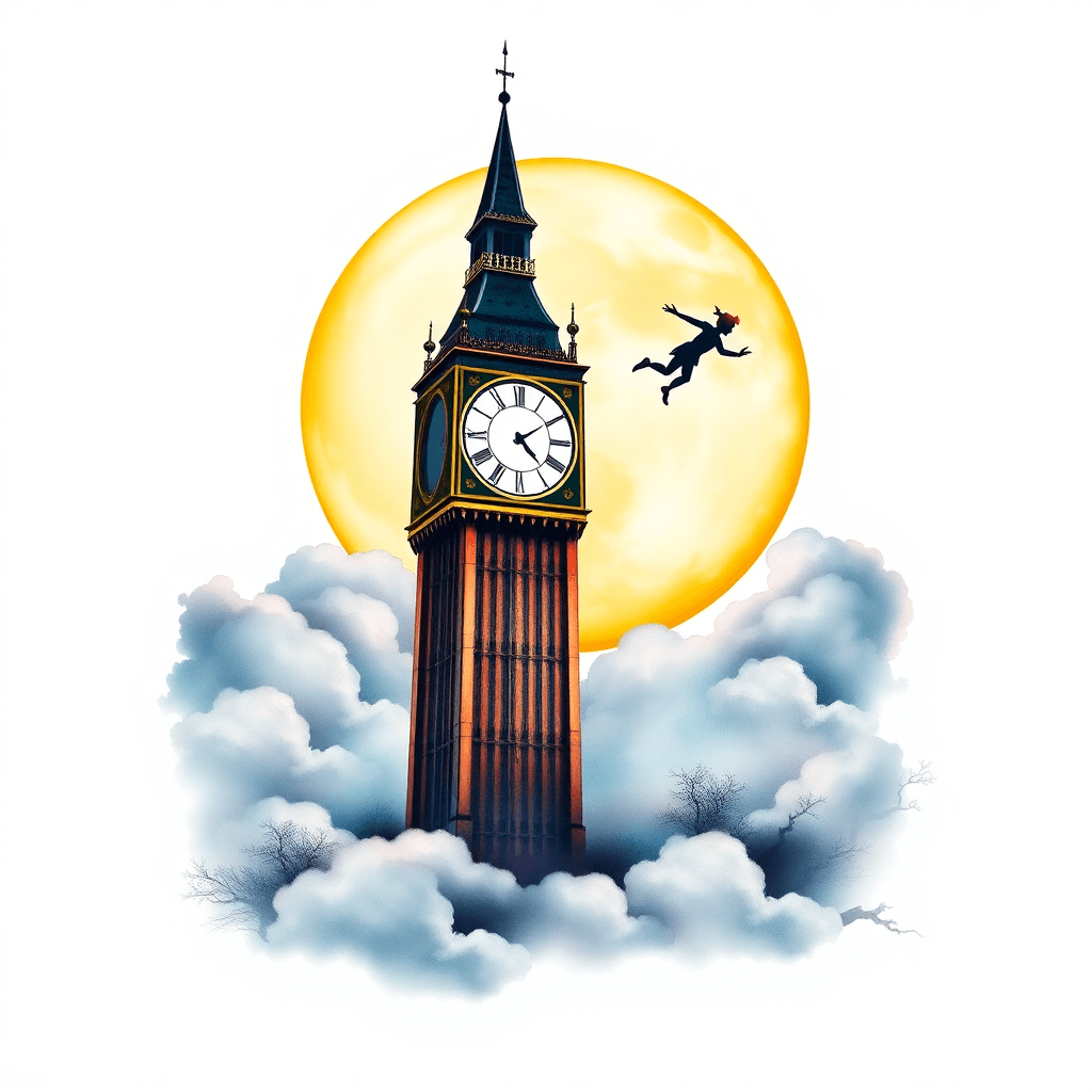 Clock Tower In Front Of Full Moon With Peter Pan Flying Surrounded By Clouds And Fog