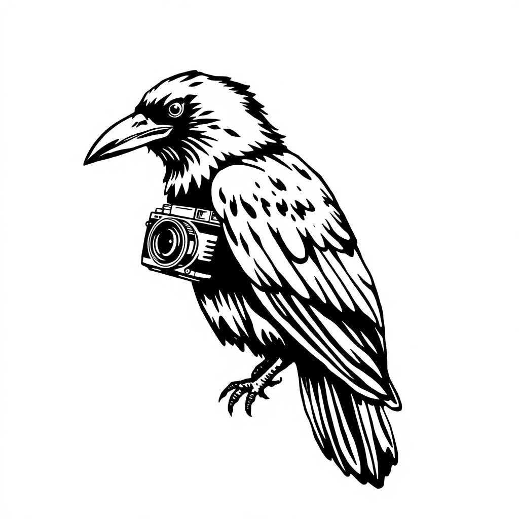 A Raven With A Vintage Camera In Its Beak