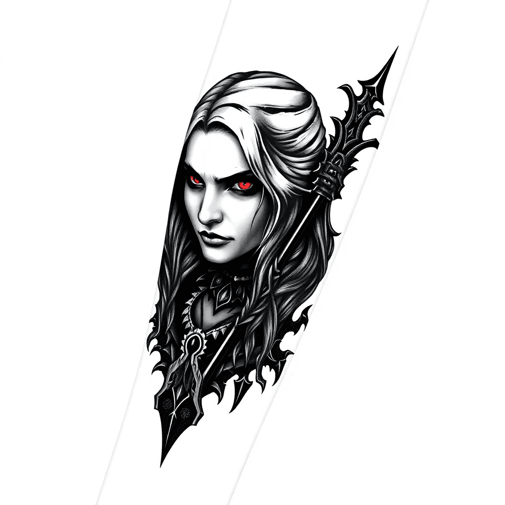 Sylvanas Windrunner On Forearm. Made With Black And Gray Colors - Eyes Get A Red Accent. Should Include Both Head And Torso - No Legs. Face Should Be Calm, Yet Ominous And Dangerous
