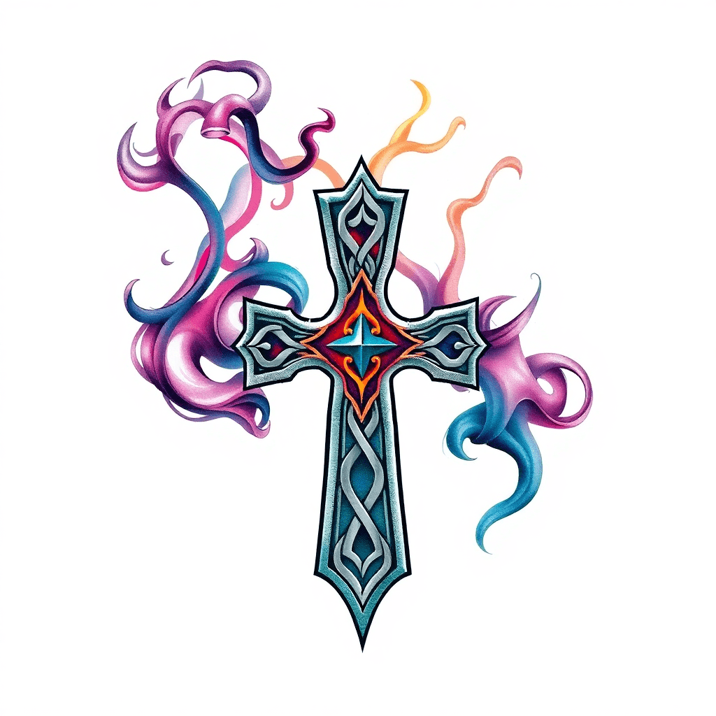 Forearm Tattoo Irish Celtic Cross With Smoke Swirling Around It