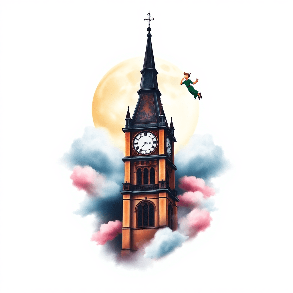 Clock Tower In Front Of Full Moon With Peter Pan Flying Surrounded By Clouds And Fog