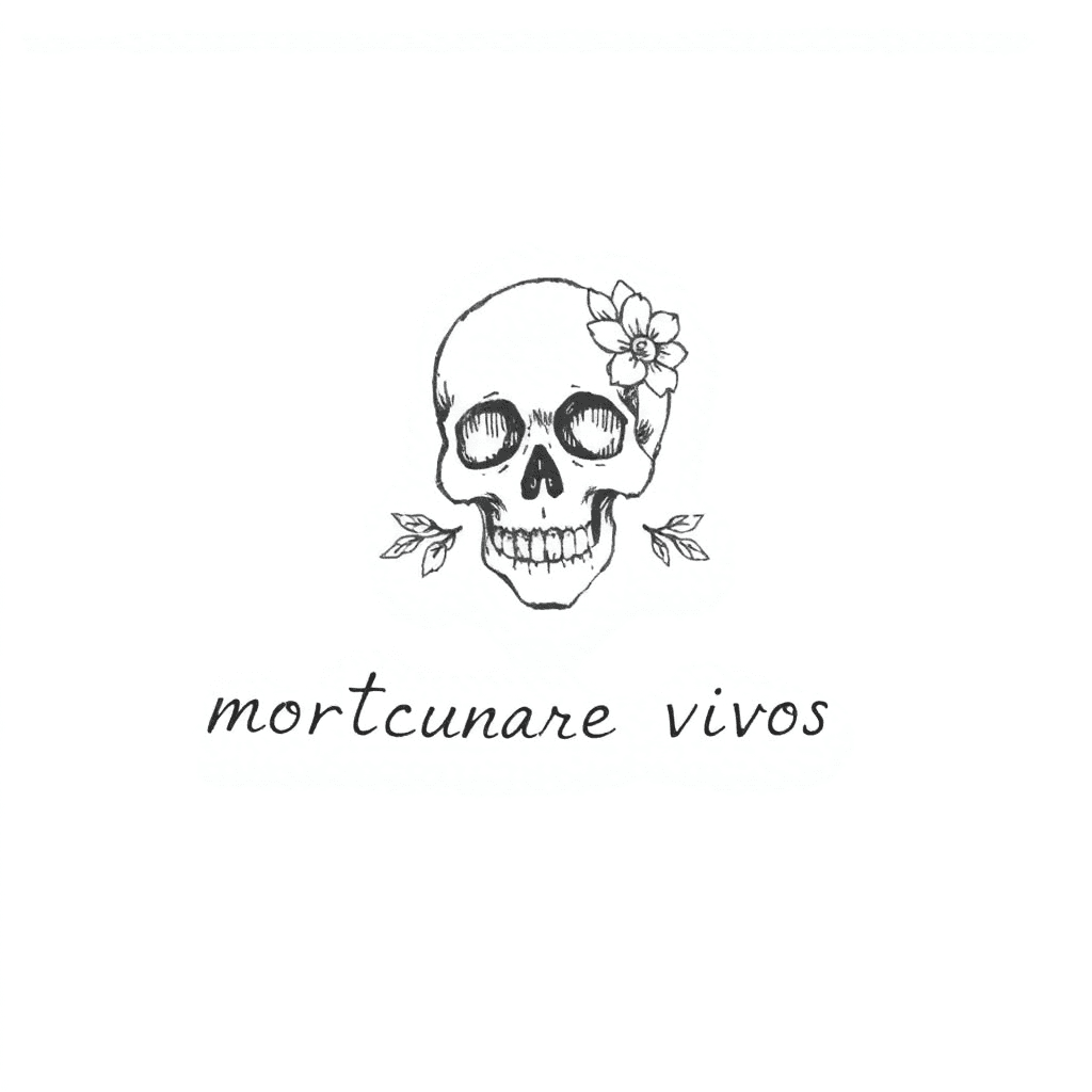 A Small Line Drawn Skull With Flowers Around Top Of Skull. In A Vertical Line Under The Skull, The Saying “ Mortuos Curare Vivos”