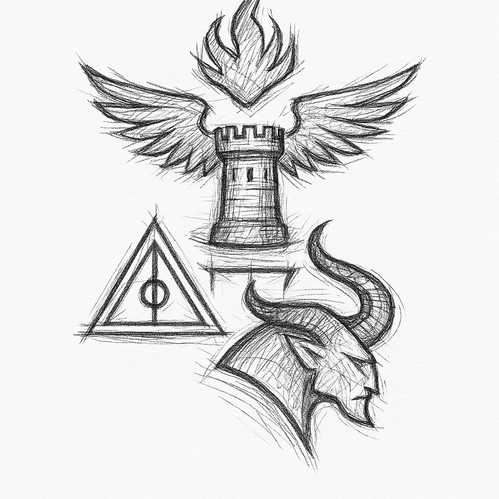 A Tattoo In Black And Grey Color Scheme, Featuring A Moderate Level Of Detail And Combining Heraldry Symbols From Dragon Age: Inquisition, Tevinter, Qunari, Ki