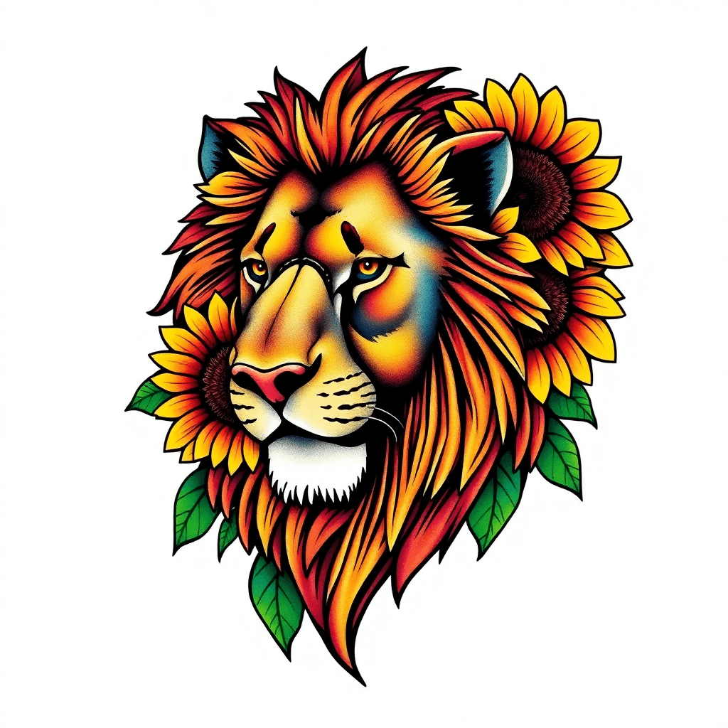 Lion Head With Sunflowers As The Mane