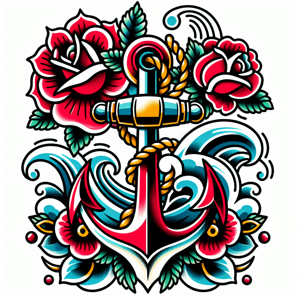 Anchor With Roses And Waves.