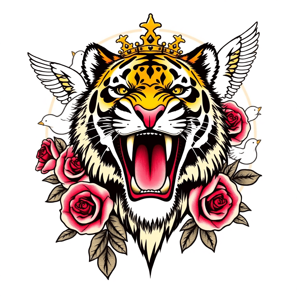 A Tiger With Mouth Open, Sharp Sharp Teeth, Roses And Doves Around Him, He’s Roaring, Has A Crown On His Head, Back A Design Behind Him