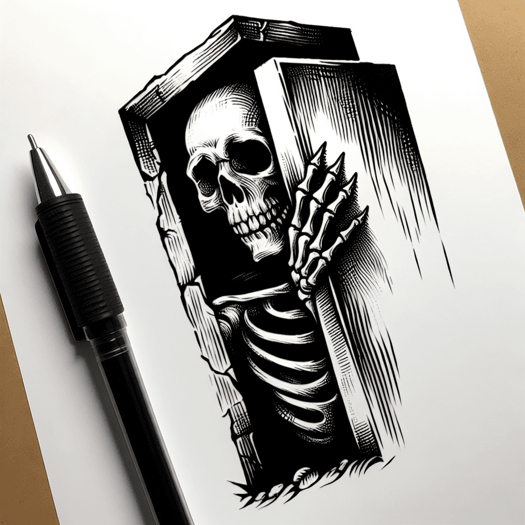 Un Esqueleto Parcialmente Oculto Detrás De Una Tumba O Una Pared, Con Solo Su Cráneo Y Una Mano Visibles, Como Si Estuviera Espiando O Esperando Algo Con Cautela