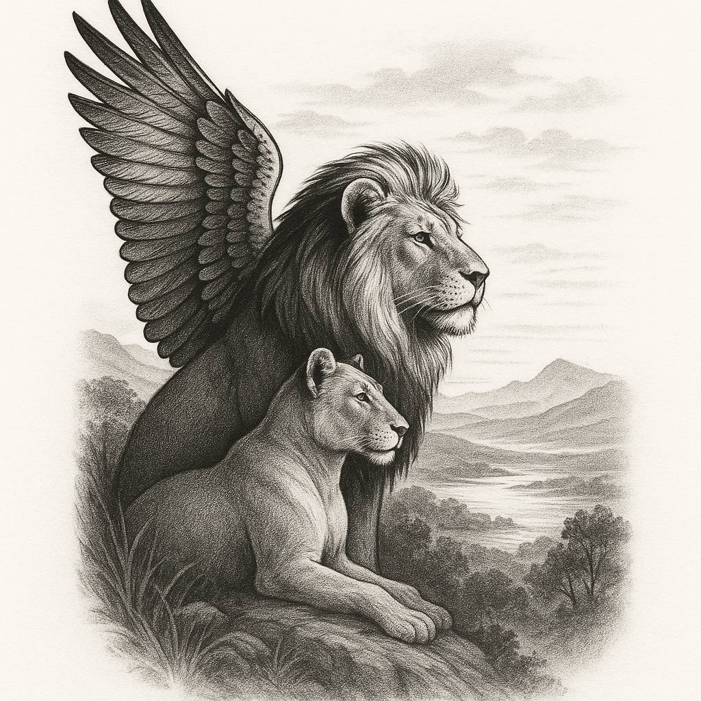 A Male Lion With Eagle Wings, His Lioness Sitting Beside Him As They Overlook The Valley Below On A Beautiful Morning.