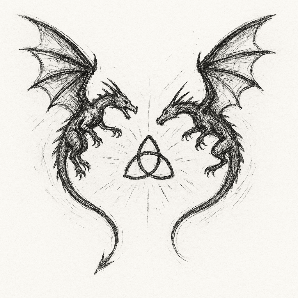 2 Dragons, Simple, Flying Towards Each Other To A Center Point Something Associated With Sacred Geometry, (i.e. Platonic Solids, Fibonacci Spiral, Triquetra, Flower Of Life, Sri Yantra, Vesica Piscis)