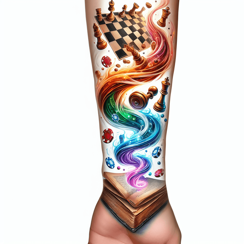 Forearm Tattoo Of Poker Chips And Chess Pieces Mystically Spiraling Up And Out Of A Tattered Old Book With Smoke And Fog