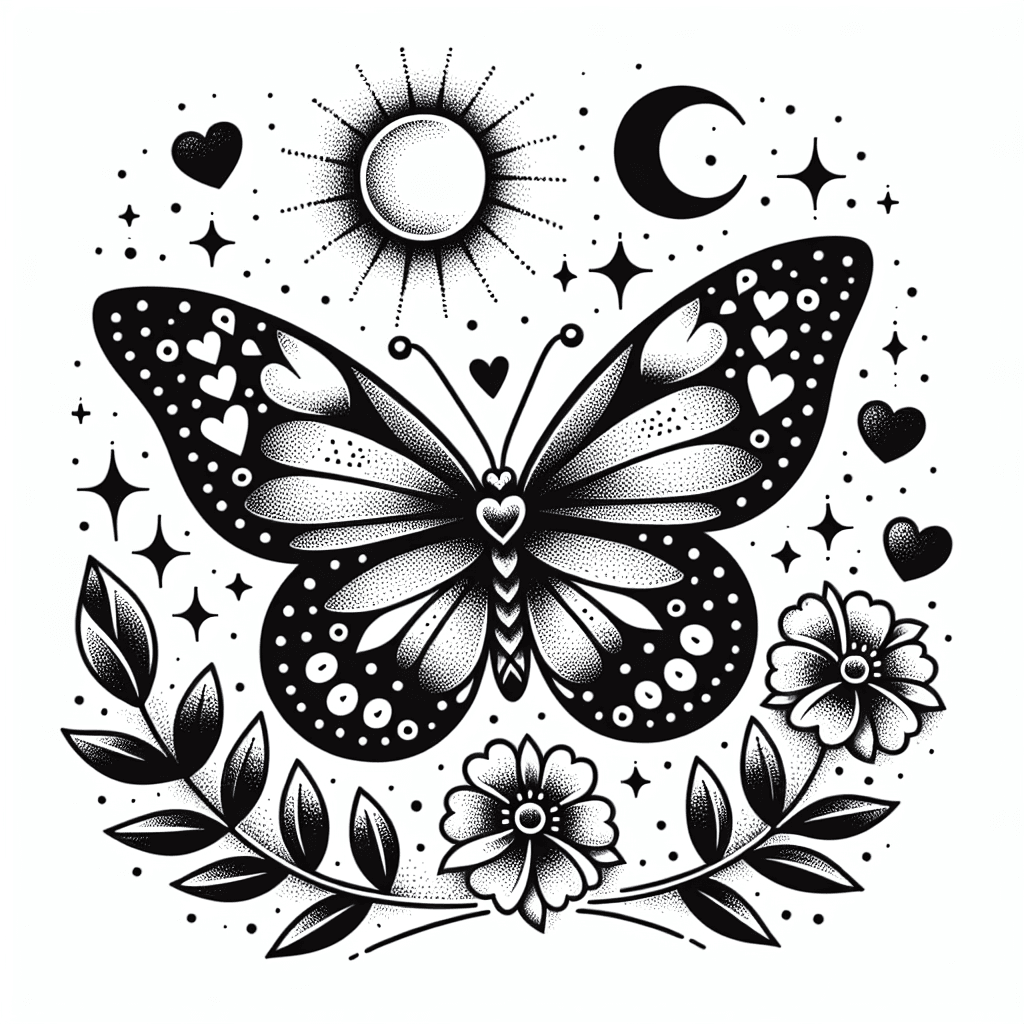 Uma Borboleta Com Uns Corações Bem Pequenos De Detalhe, Uma Flores Centralizadas Em Cima E Embaixo Bem Delicadas E Lindas E Um Sol Pequeno Em Cima Da Borboleta E Uma Lua Pequena Embaixo Da Borboleta