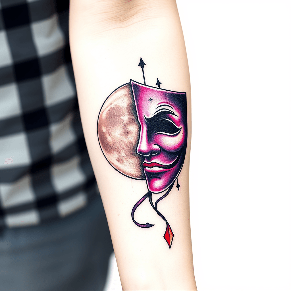 Forearm Tattoo Of A Half Full Moon And Half Theater Mask