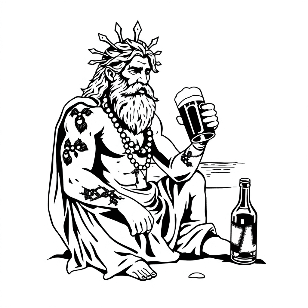 Greek Mythology God Dionysus In Modern Clothes Partying With A Beer On The Beach