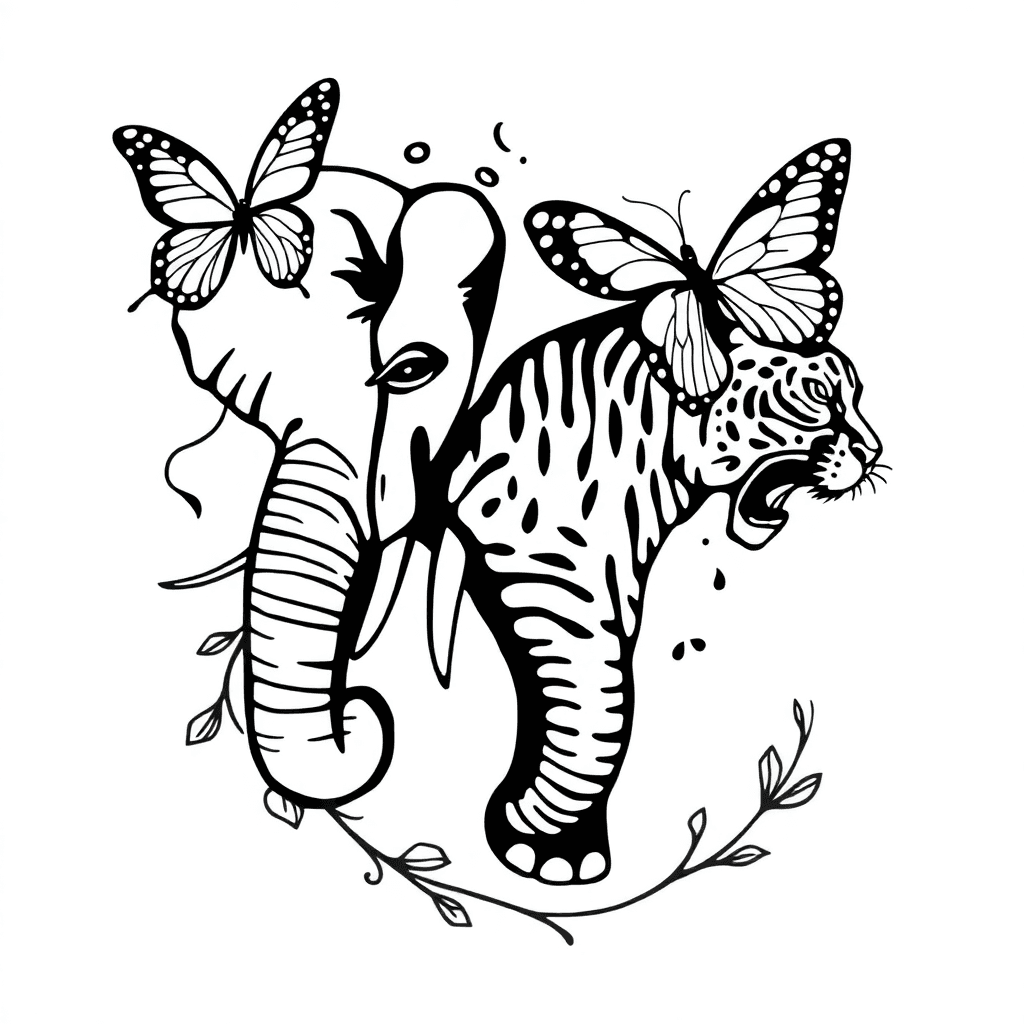 Elephant, Butterfly And Tiger Tattoo. Simple