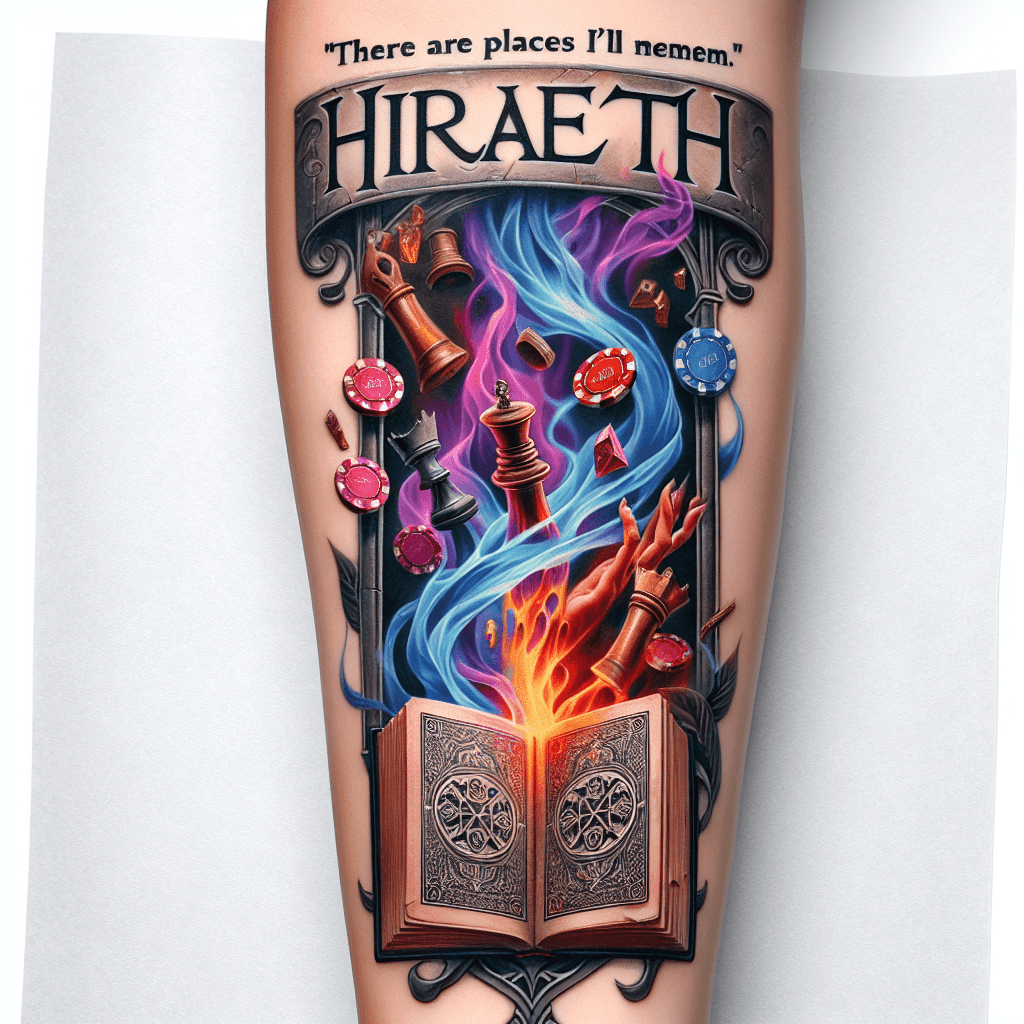 Fantasy Style Forearm Tattoo Of An Opened Antique Book Titled “hiraeth” With Poker Chips And Chess Pieces Rising Up And Floating Out With Smoke Intertwining And The Words “there Are Places I’ll Remem