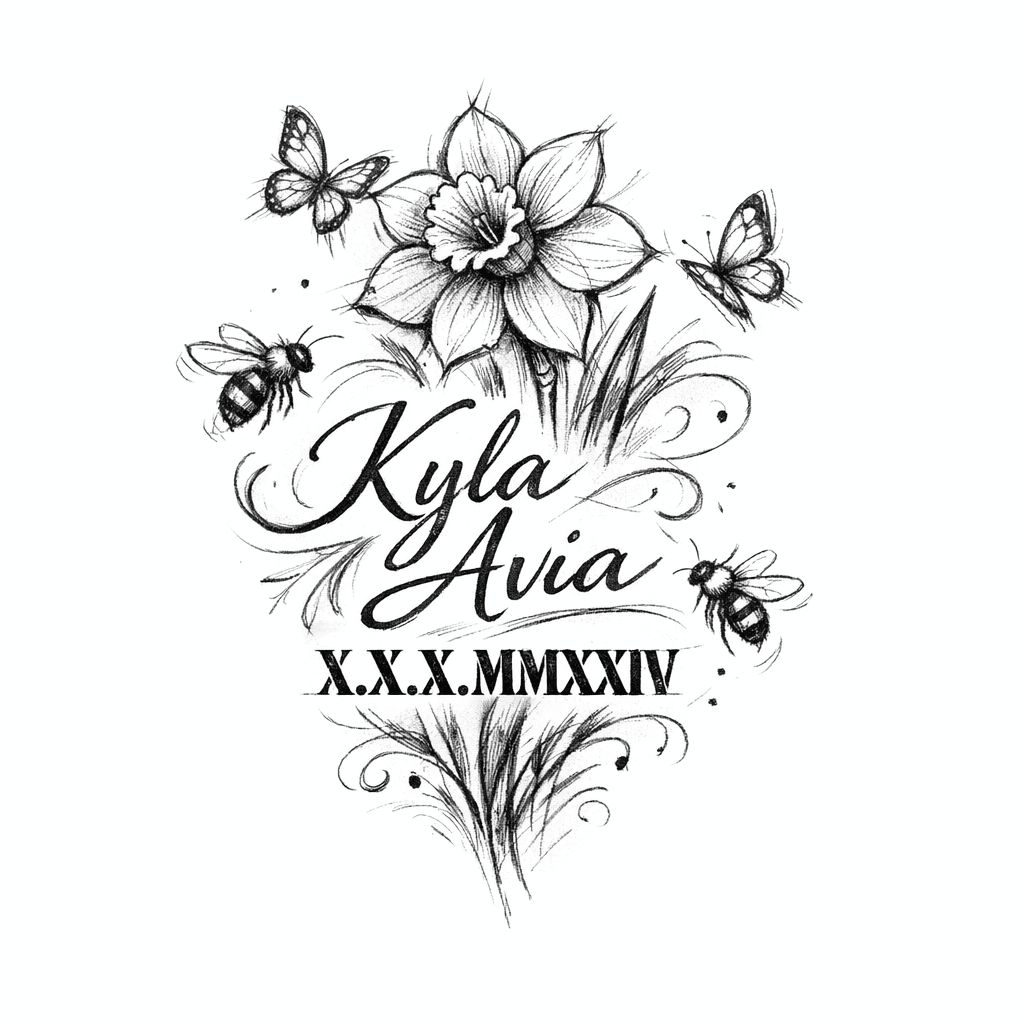 A Daffodil, Some Butterflies And Bees. With The Name Kyla Avia And The Date 10/03/2024. The Date In Roman Numerals