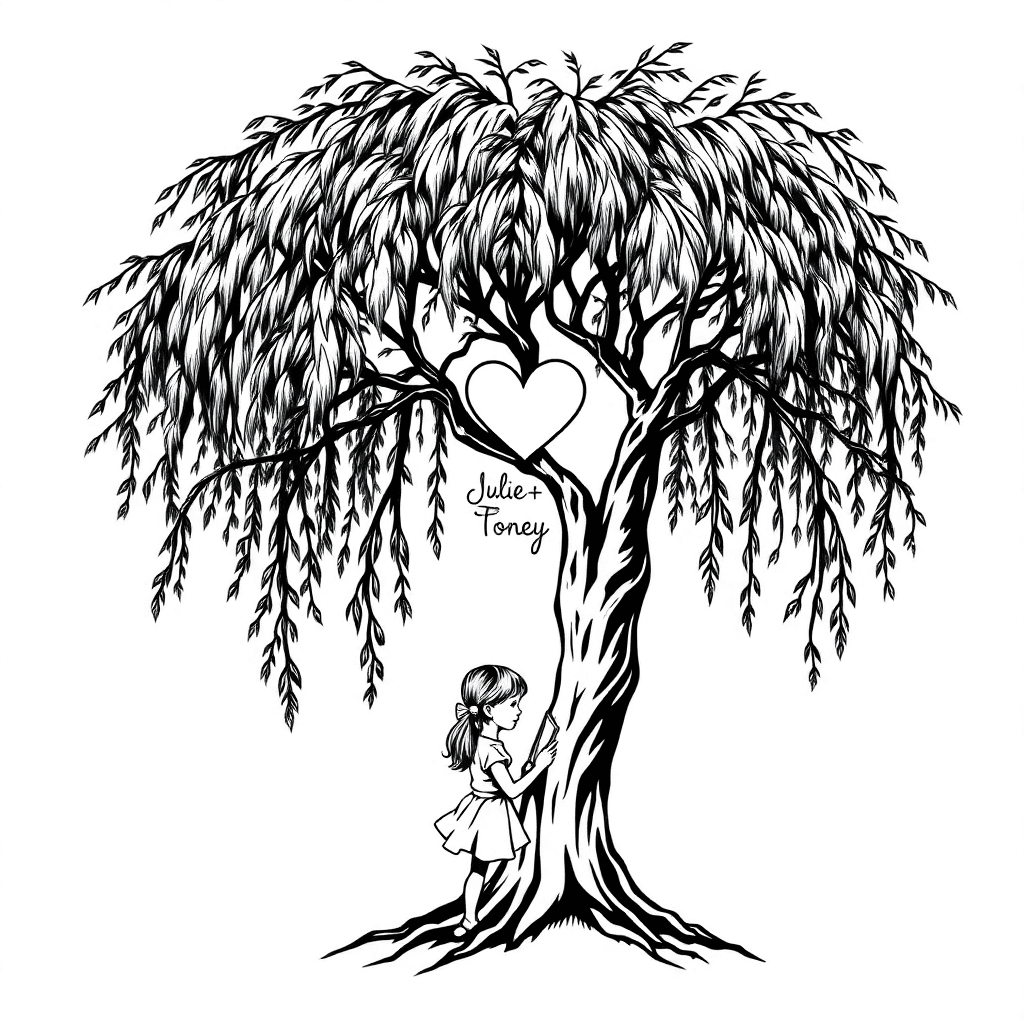 Large Full Weeping Willow Tree, Branches Touching The Ground With A Heart Carved Into It With Julie + Toney In The Center, A Little Girl With Long Hair In Pigtails Reading Safely Underneath The Tree W
