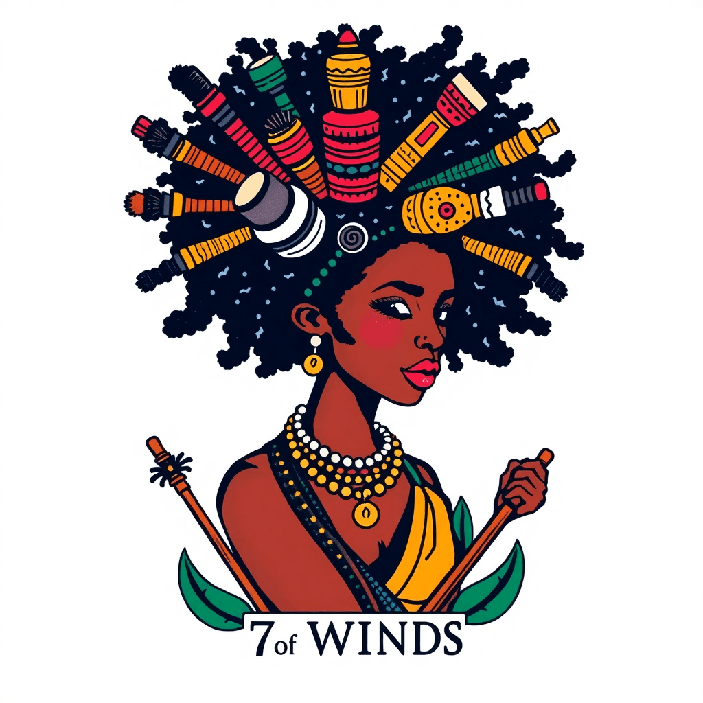 Tarot Card Design For The 7 Of Wands With The Art Of A Black Woman With Lots Of Hair Tools In Her Afro