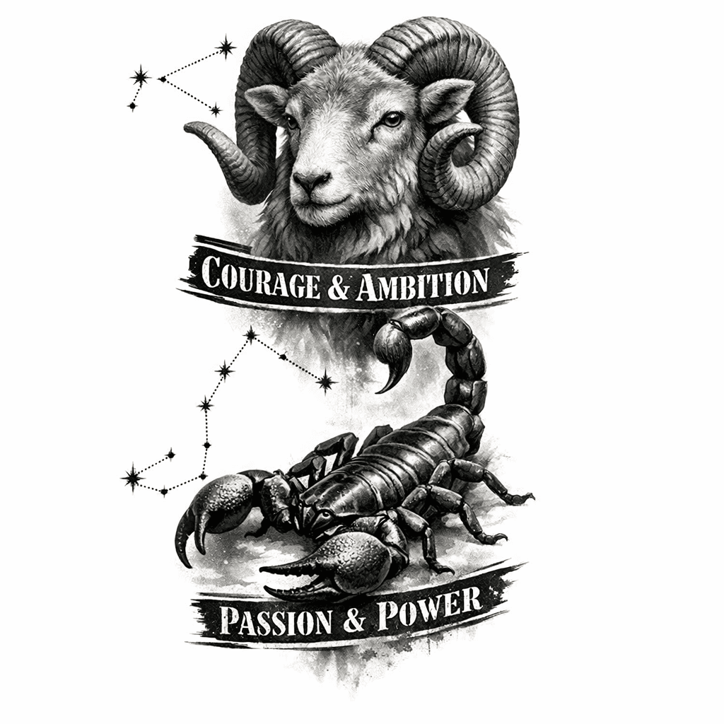 Aries With Scorpio Combined, Add Constellation And Add Associated Phrases For Each Sign