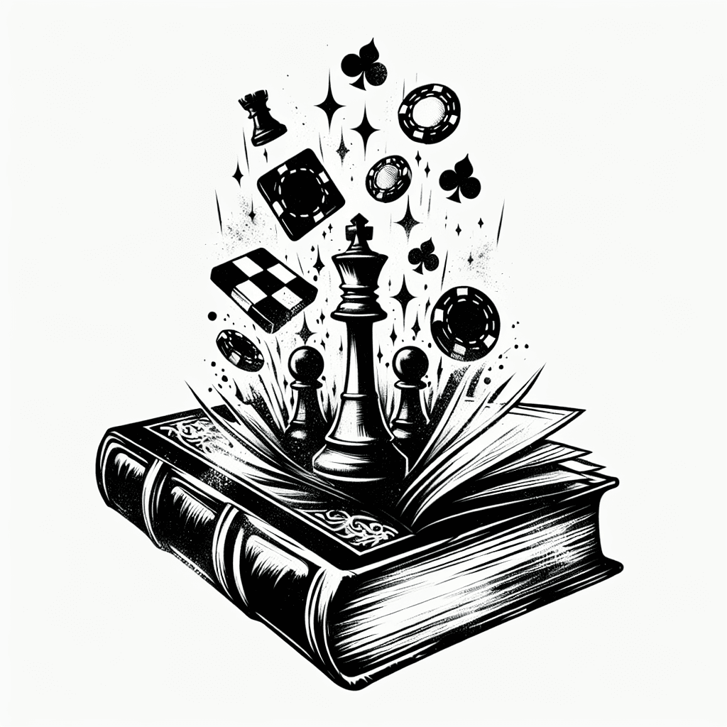 Antique Book With Chess Pieces And Poker Chips Mystically Rising Out And Getting Bigger