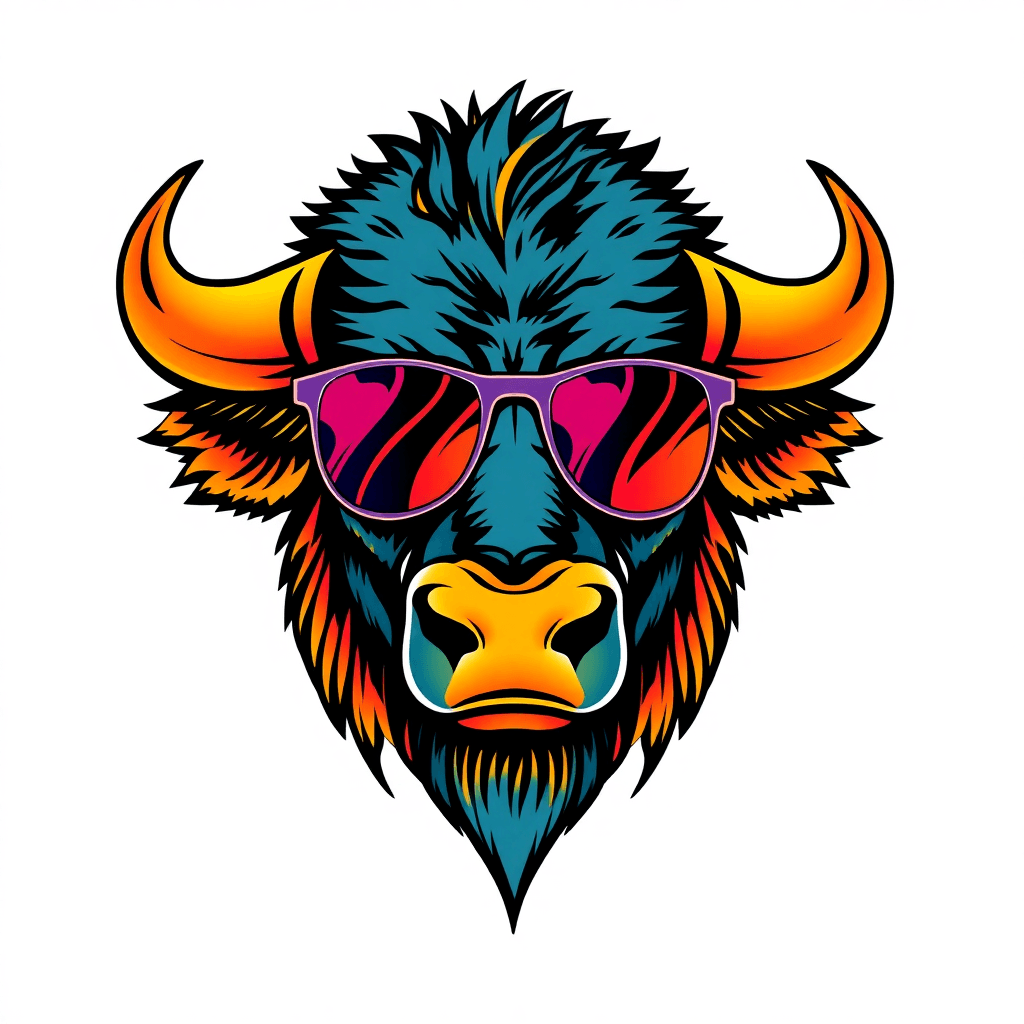 A Buffalo Head Looking Straight On With Sunglasses Reflecting The Buffalo Bills
