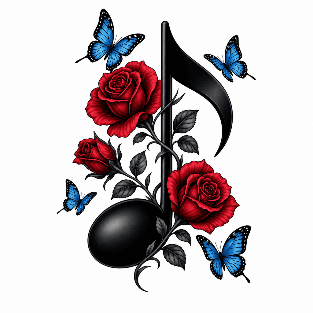 A Black Bold Music Note With Red Roses Wrapped Around It And Blue Butterflies Surrounded Around