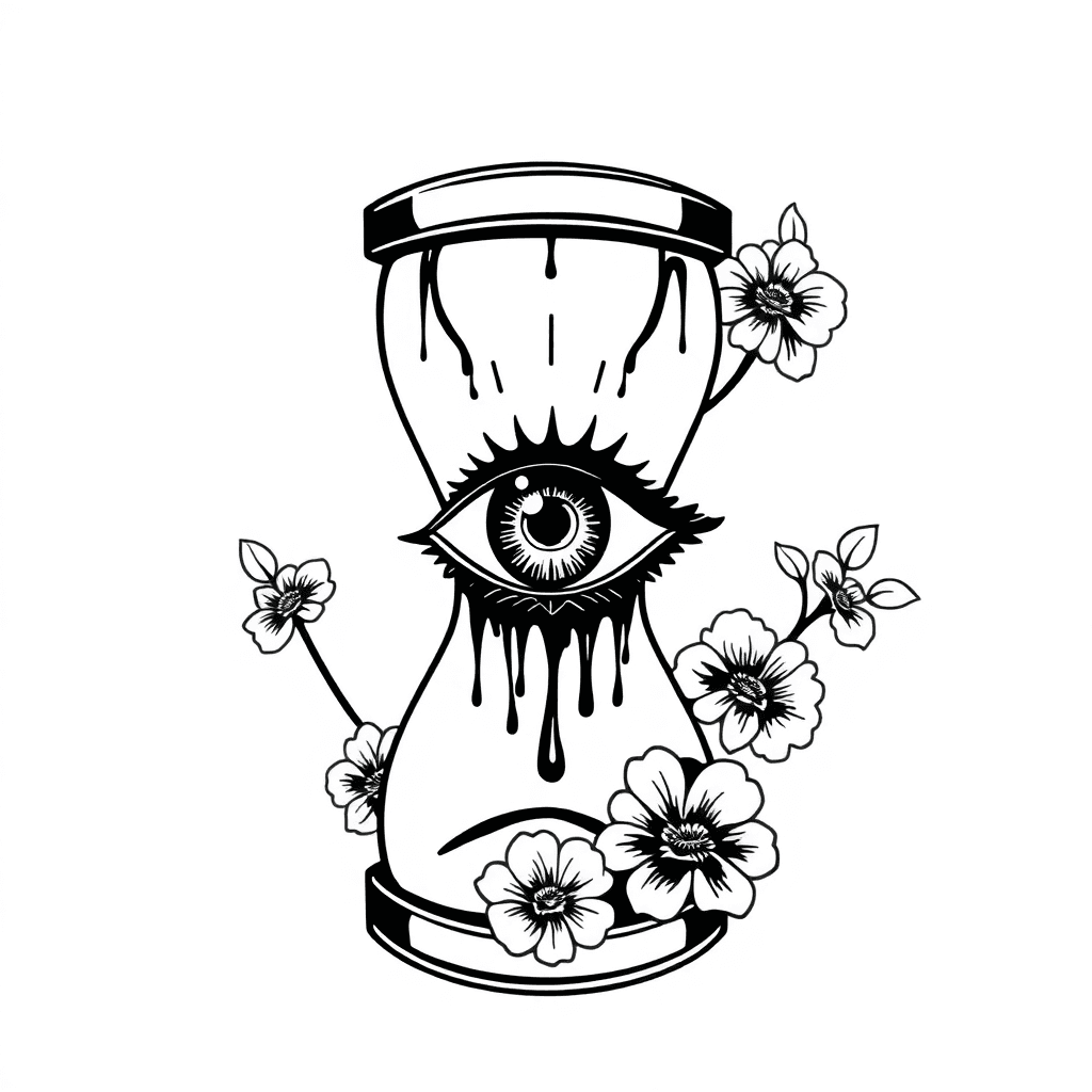 Stencil Of A Trippy Drippy All Seeing Eye Inside Of An Hourglass With A Warped Vortex Numerical Code Designs. Sticker Style. Feminine Floral Lillie Foliage