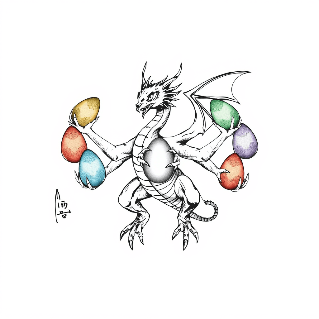 A Bipedal Dragon With Six Arms, Each Of Them Holding A Dragon Egg, Each Of The Egg Has Different Colors
