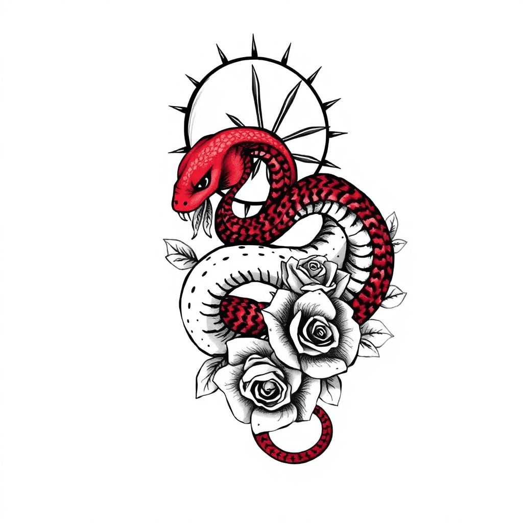 1 Red Snake With A Moon Its Head 1 White Snake With A Sun On It's Head Going Around The Arm With Roses