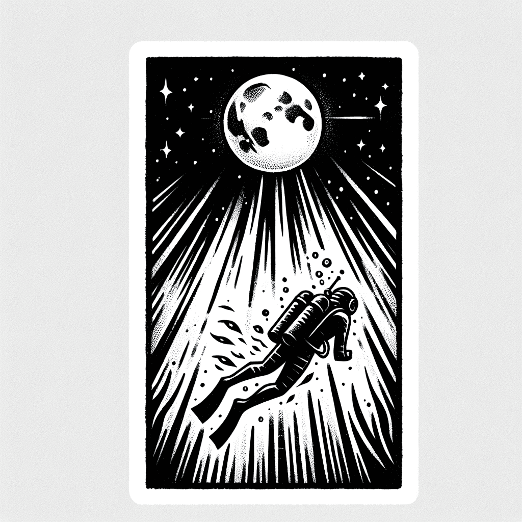 Diver Under Water With Light Rays From The Moon