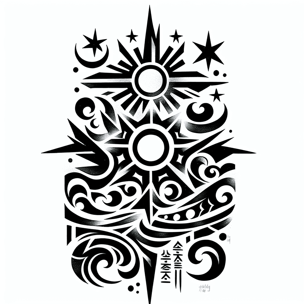 Filipino Philippines Traditional Tribal Tattoo, Sun In The Ecnter Sorrounded By 3 Stars, Sorrounded By Sea, Snake, Wind With Baybayin Calligraphy Meaning Padayon