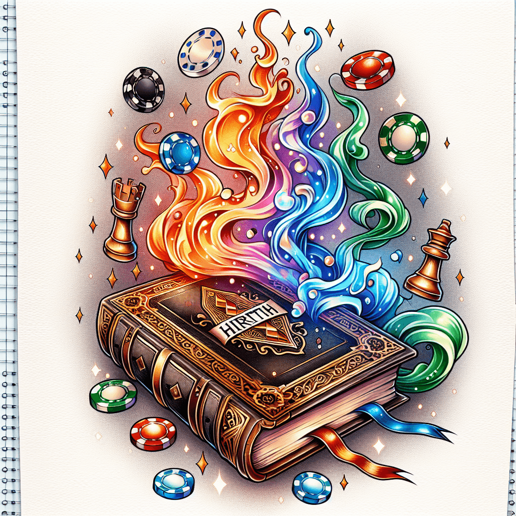 Whimsical Tattoo Of A Antique Book Titled “hiraeth” With Poker Chips And Chess Pieces Rising Up And Floating Out With Smoke Intertwining