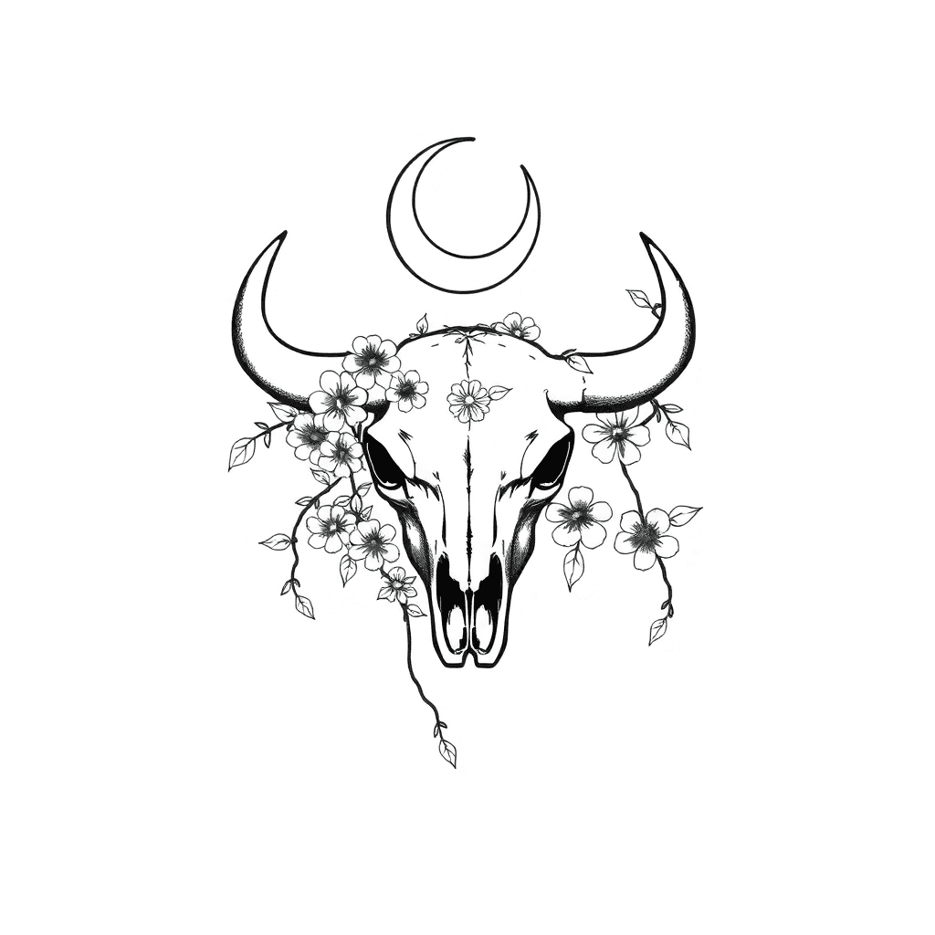 Vines And Flowers Going Through A Bull Skull With A Crescent Moon On Top