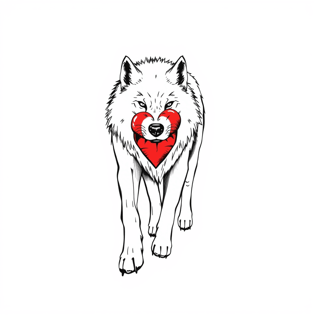 A White Wolf Walking Towards Me With A Realistic Red Human Heart In It's Mouth