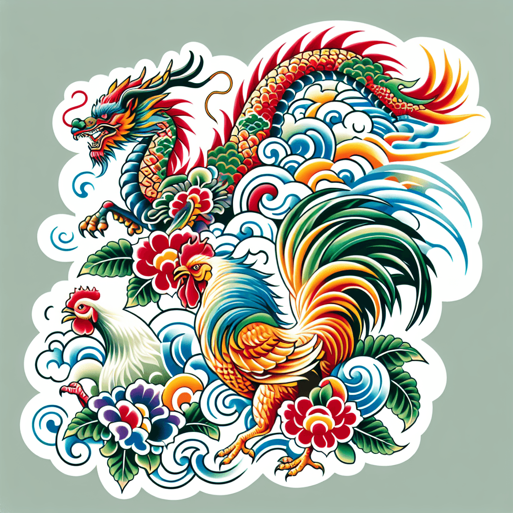 我想請你幫我設計一幅紋身圖案,部位是在大腿到小腿,風格新日式傳統,主題需要包含龍 雞 馬這三種動物