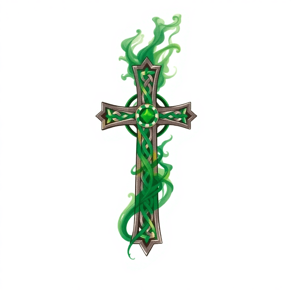 Irish Celtic Cross Made Out Of Green Smoke Forearm Tattoo