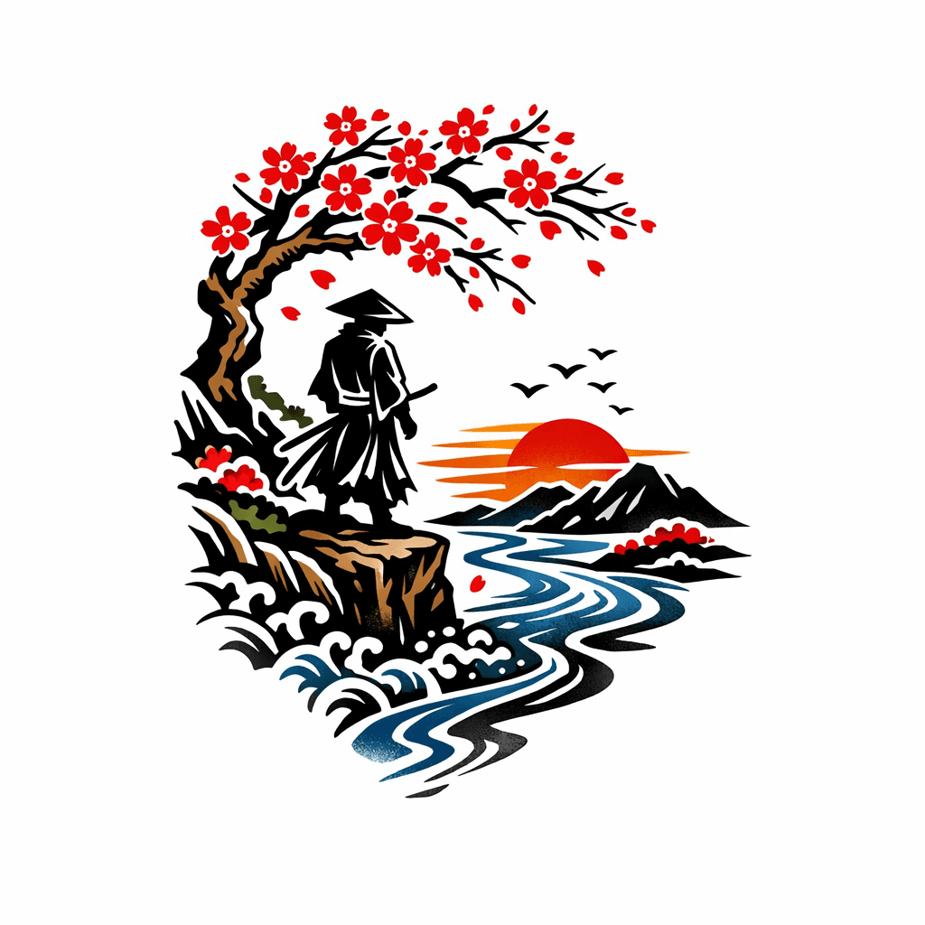 Ronin On The Cliff Under Sakura Tree Looking At River
