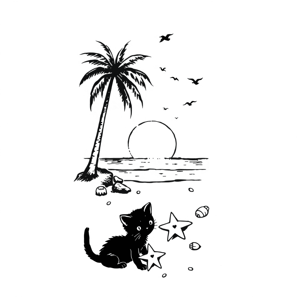 Sunset View. Forearm Band. Has Setting Sun, Coconut Trees, Birds In The Sky, Starfish And Shells On The Shore, Black Kitten Playing With A Starfish On The Shore.