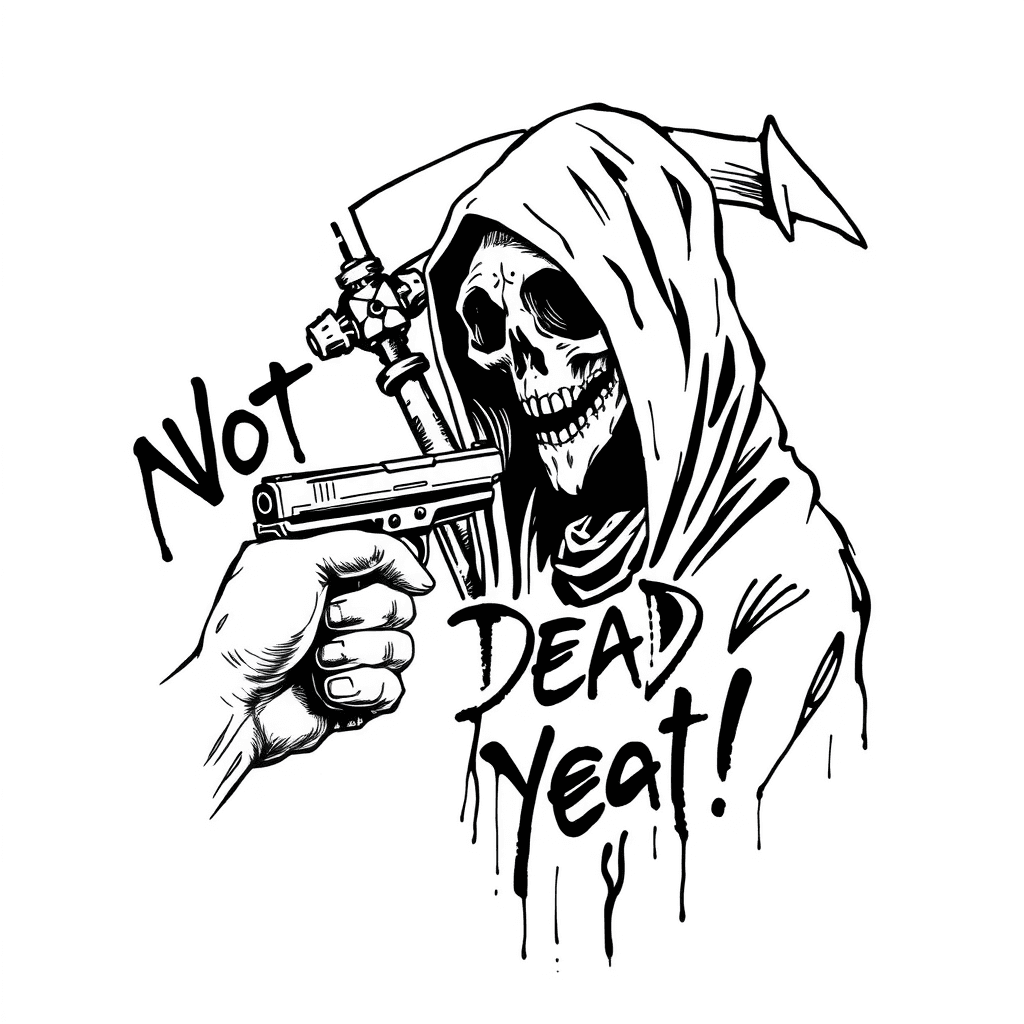 Someone Holding A Pistol At The Grim Reaper's Head, With "not Dead Yet!" Written In Graffitti