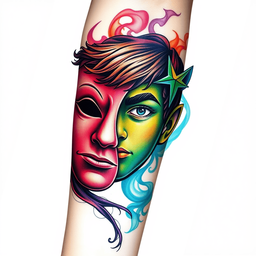 Forearm Tattoo Half Theater Mask Half Peter Pan Surrounded By Smoke