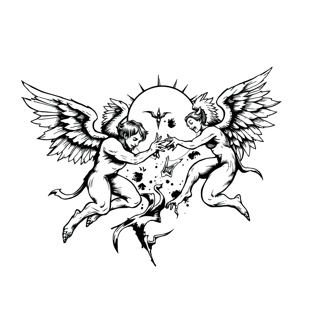Black And White Sleeve With Angels Fighting Demons